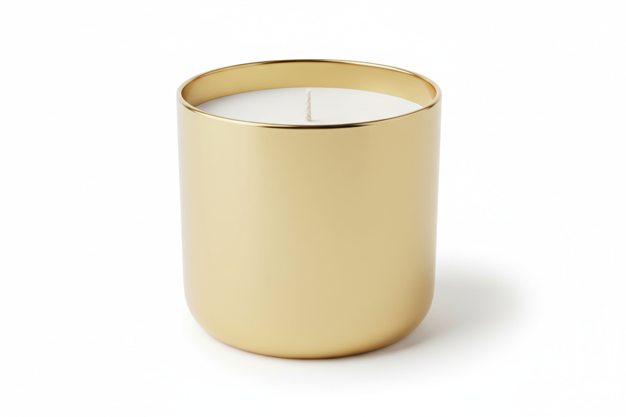 gold candle tumbler filled with white wax and a white candle wick for an 11oz candle